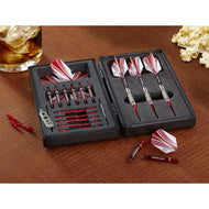 Two black cases with red and white striped darts and matching flights displayed on brown surface