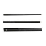 Three black billiard cue sticks with textured grip sections and metal ferrules, displayed horizontally