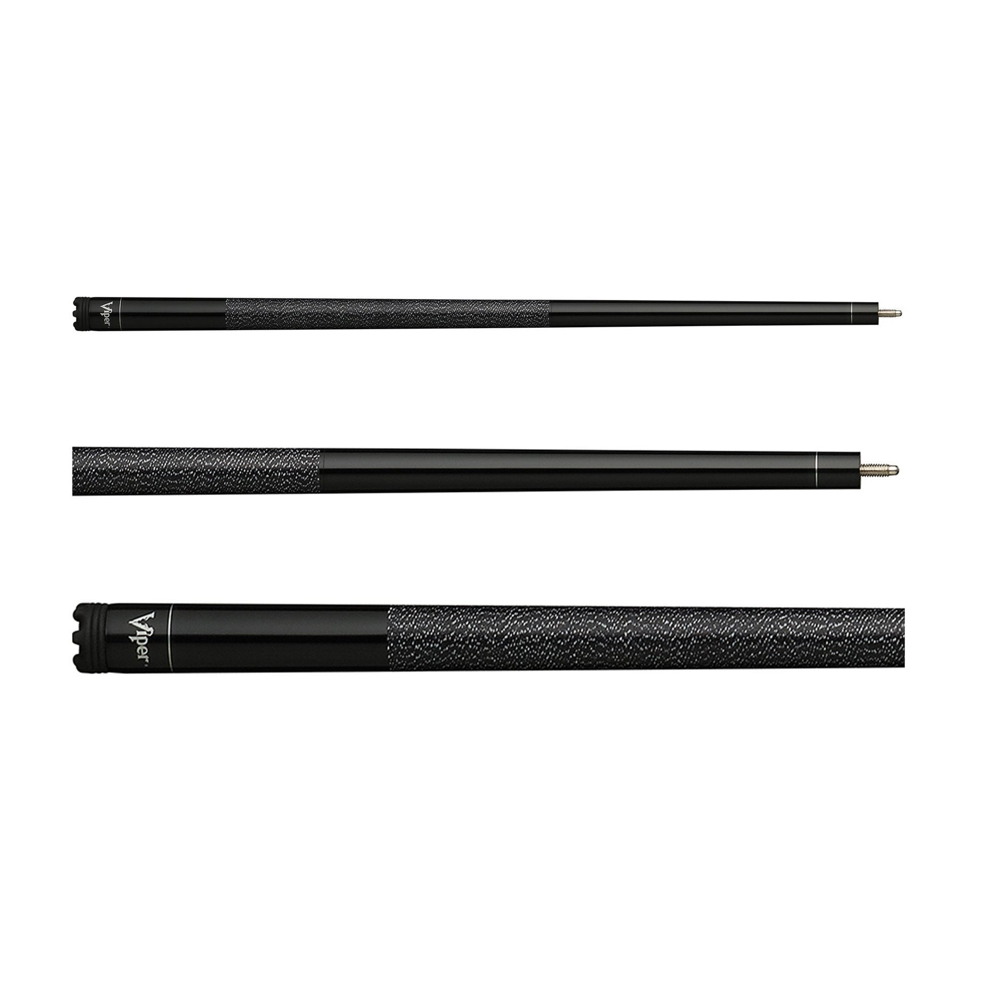 Three black billiard cue sticks with textured grip sections and metal ferrules, displayed horizontally