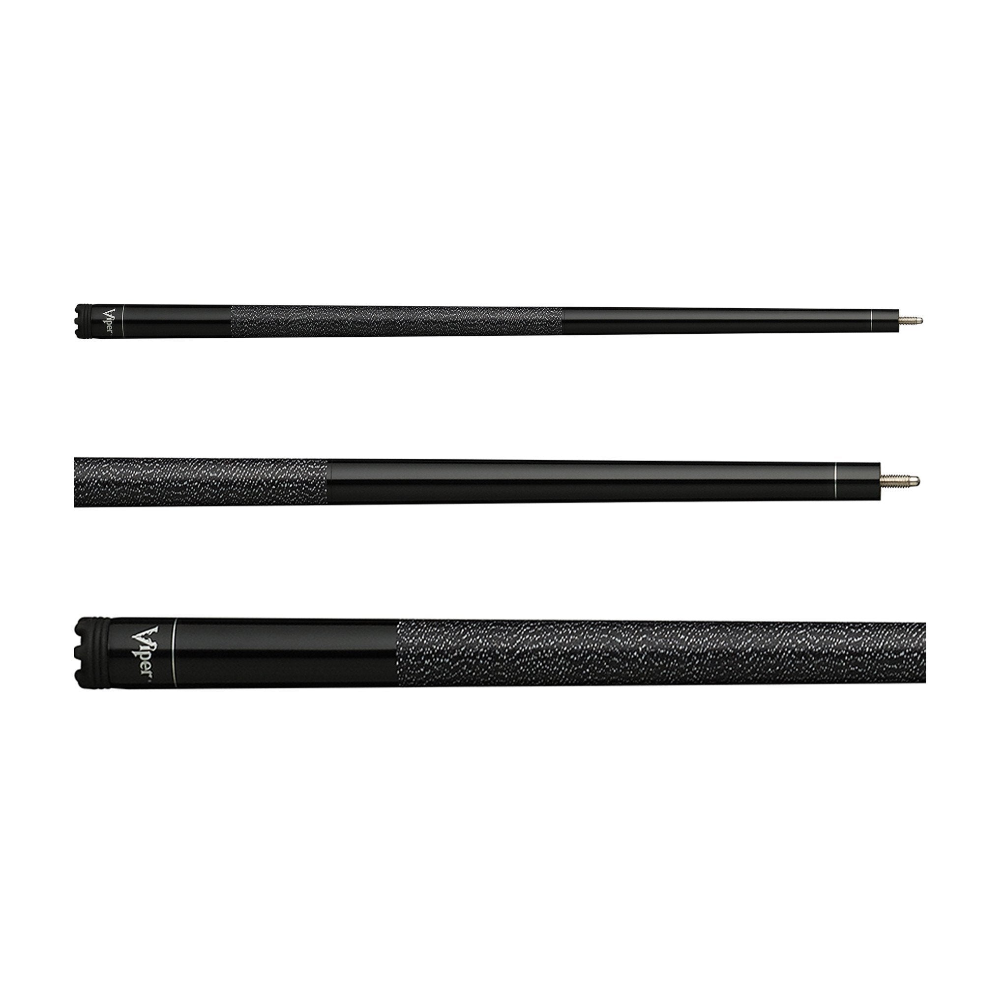 Three black billiard cue sticks with textured grip sections and metal ferrules, displayed horizontally