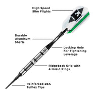 Diagram of a dart with white and green flight, black aluminum shaft, and ridgeback grip with inlaid rings