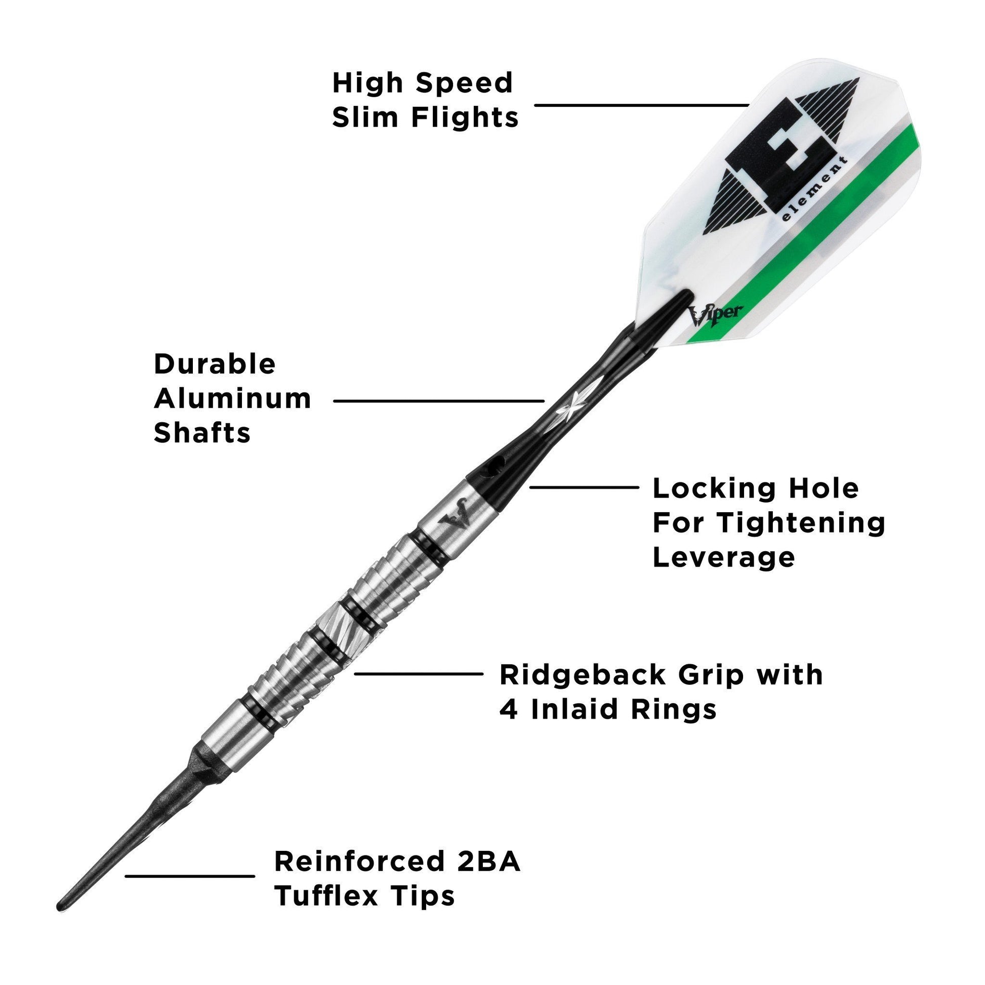 Diagram of a dart with white and green flight, black aluminum shaft, and ridgeback grip with inlaid rings