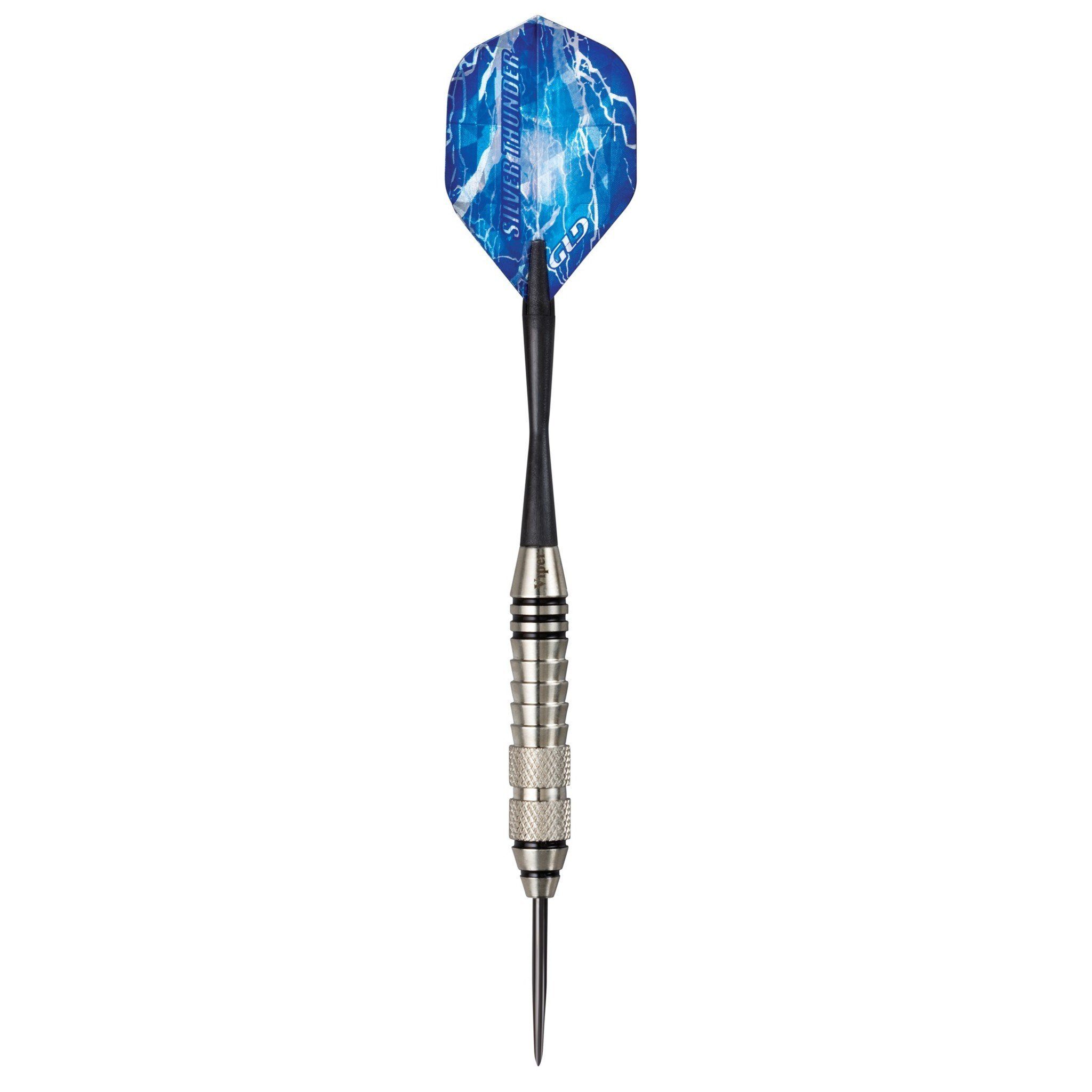 Blue dart with lightning bolt pattern, black shaft, and silver knurled grip with pointed steel tip