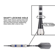 Diagram of dart with black and white striped shaft and metal locking collar on barrel