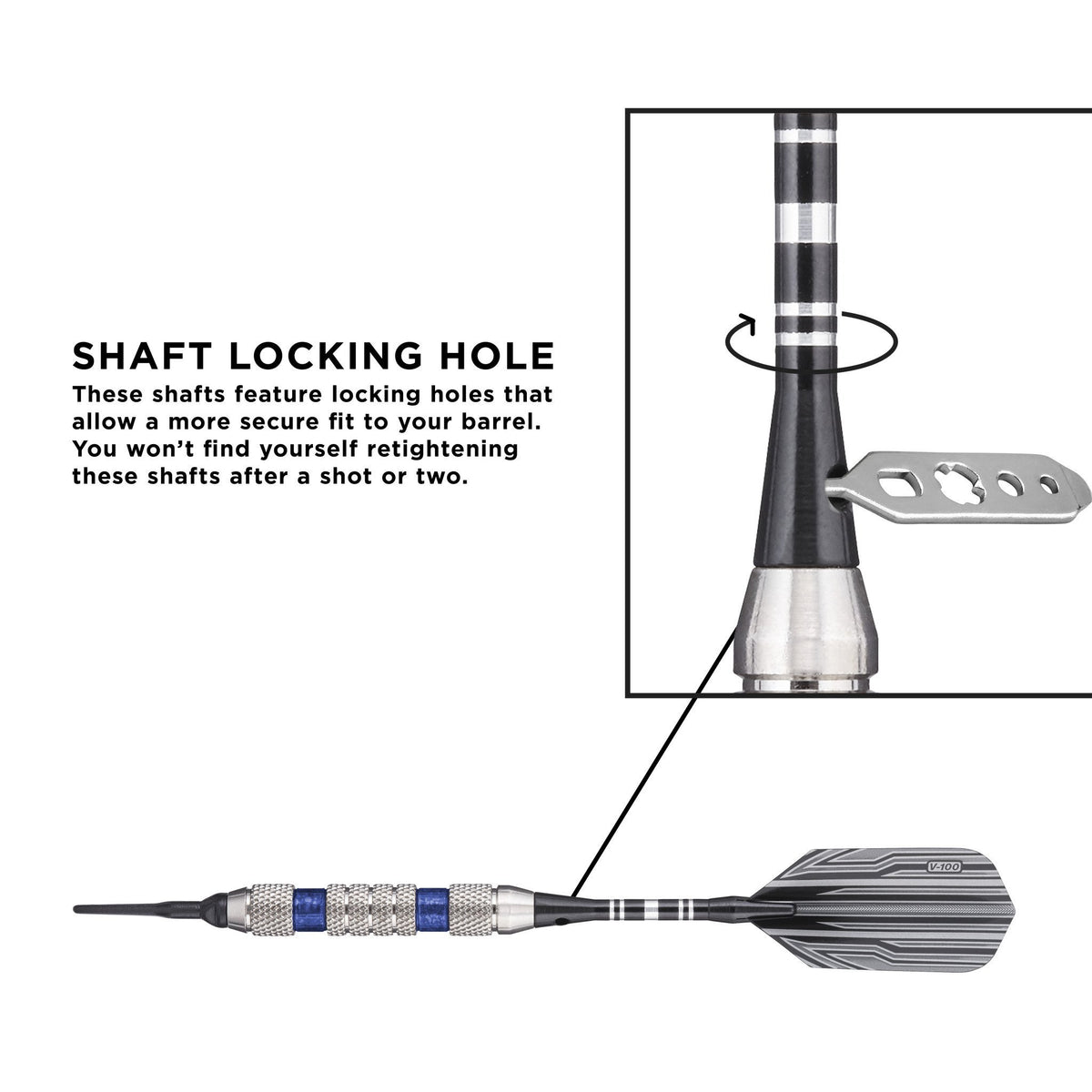 Diagram of dart with black and white striped shaft and metal locking collar on barrel