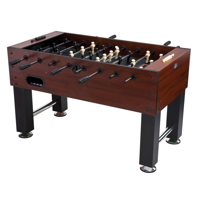 Brown Fat Cat Tirade foosball table with black legs, black handles, and cream and black player figures on metal rods