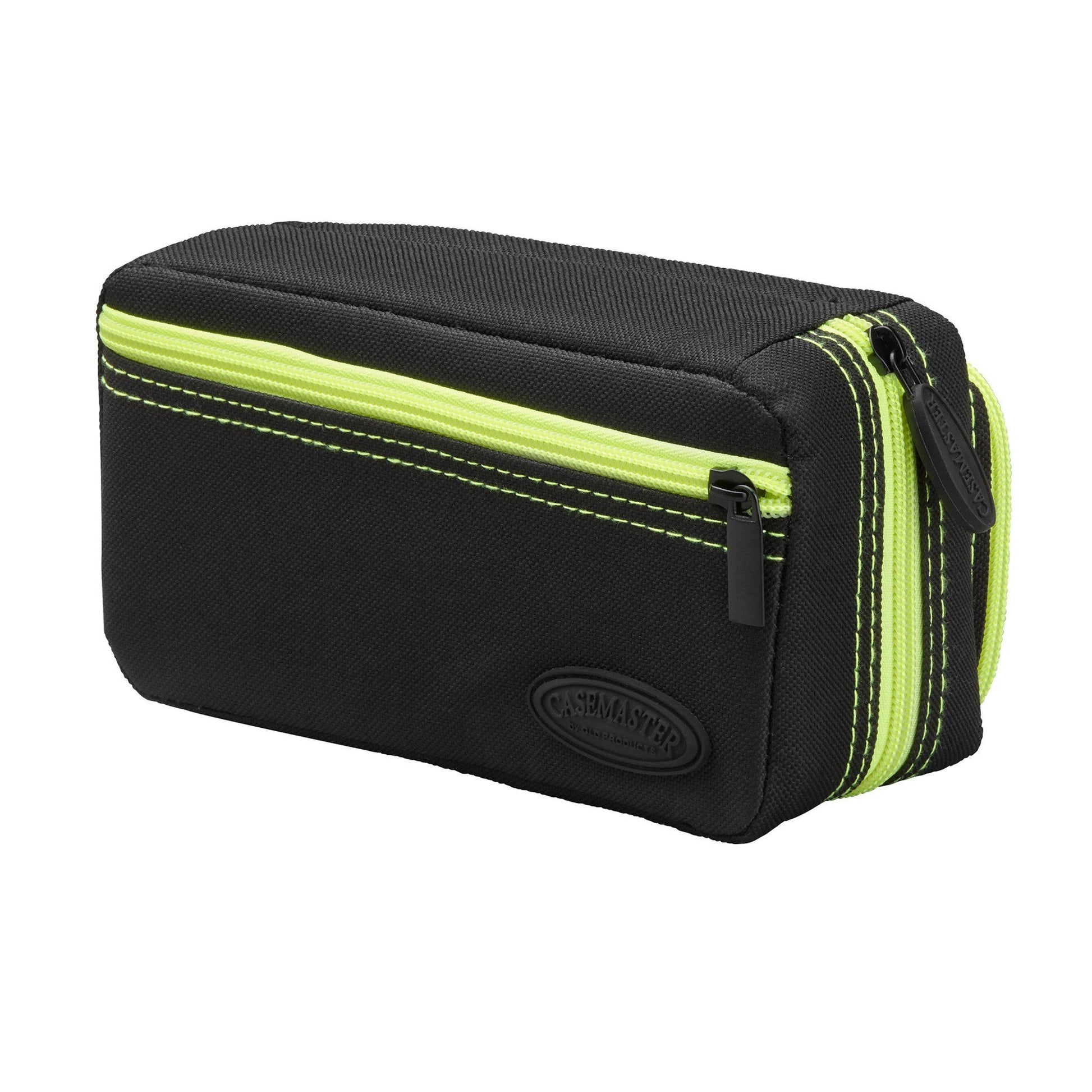 Black dart case with neon yellow trim, zipper pocket, and carrying handle