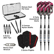 Open box contents: black dart case, three darts with pink flights, shafts, tips, wrench, and spare flights
