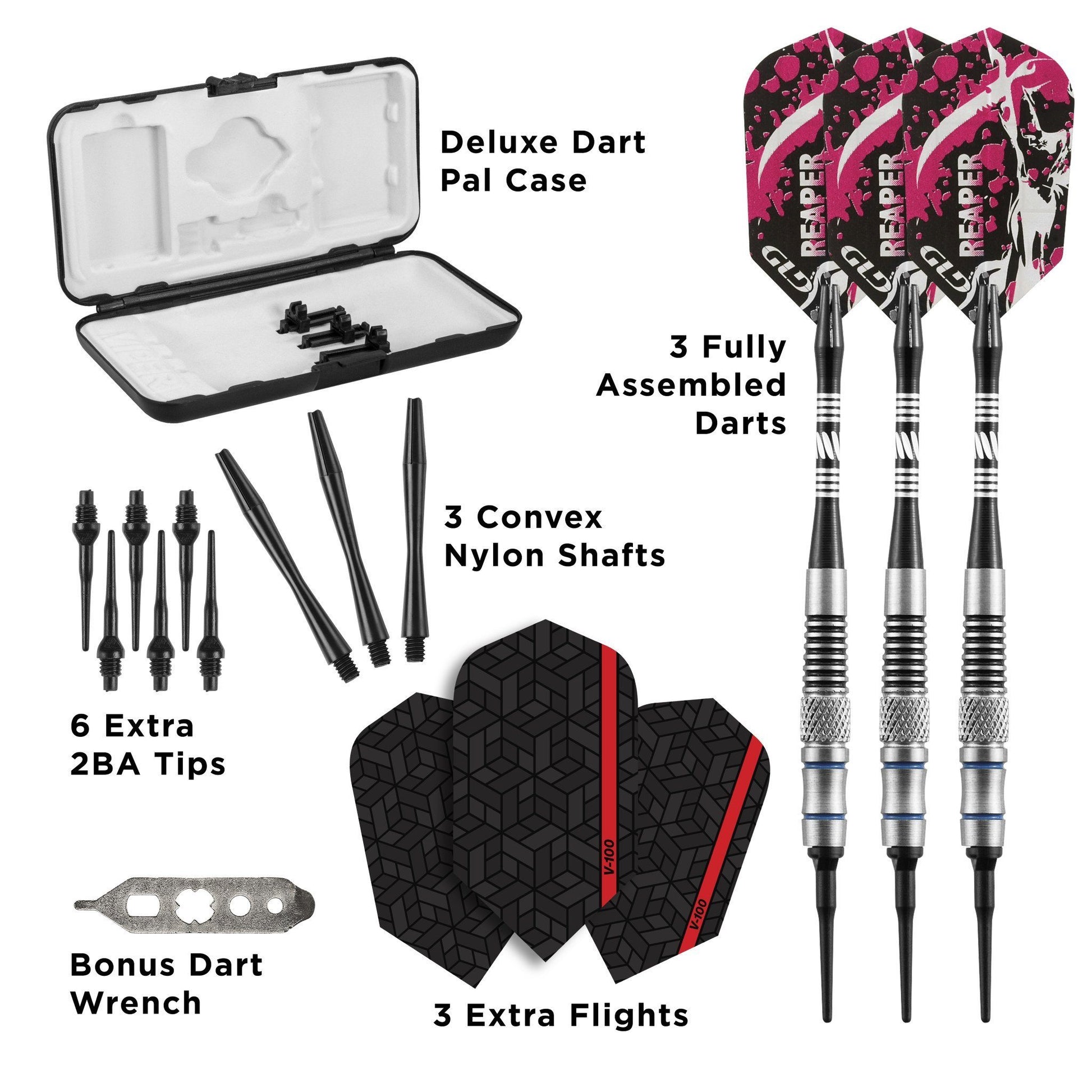 Open box contents: black dart case, three darts with pink flights, shafts, tips, wrench, and spare flights