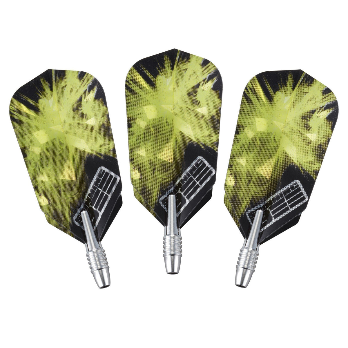 Three darts with lime green and black flights featuring a starburst pattern and silver metal barrels