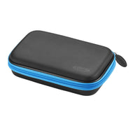 Black and blue zippered dart case with rounded rectangular shape and pull tab on side