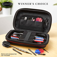 Black dart case with red trim holding darts with American flag designs