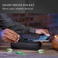 Black zippered pouch with smartphone and green darts on wooden table