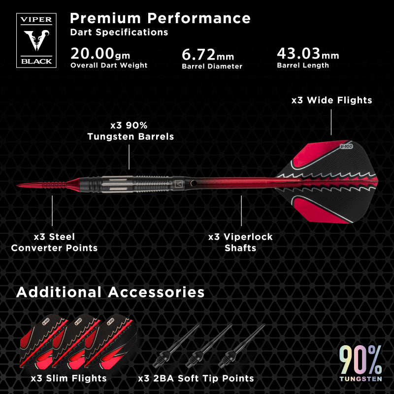 Viper Black Flux 90% Tungsten Steel or Soft Tip Conversion Darts Red 20 Grams