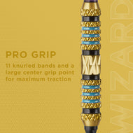Gold and black knurled cue stick grip with blue accent bands and enlarged center section