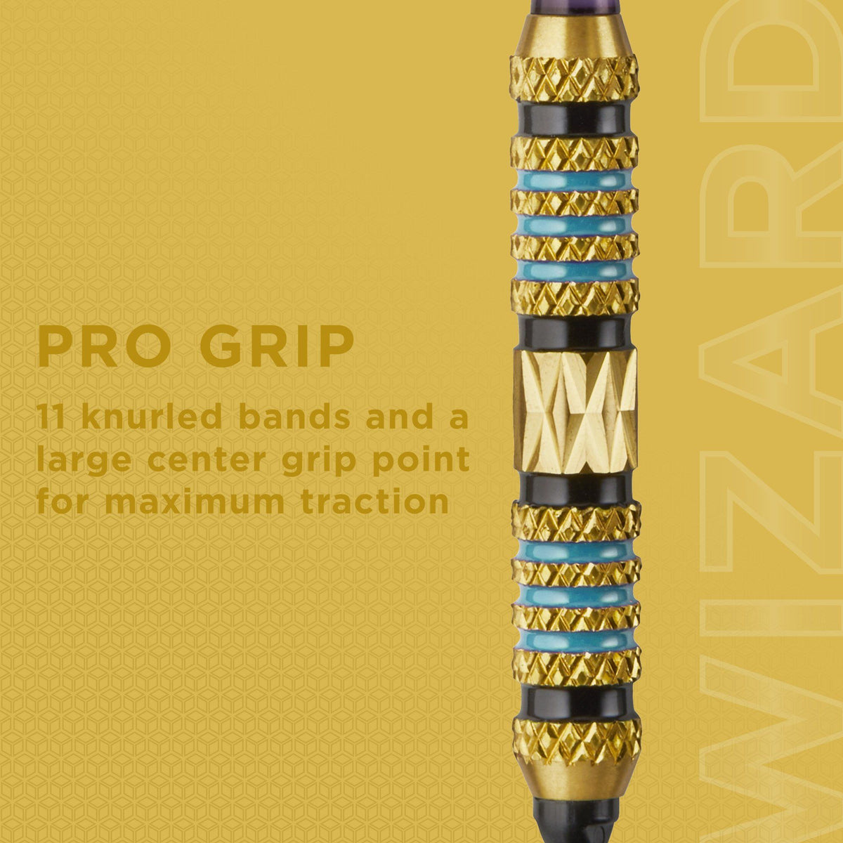 Gold and black knurled cue stick grip with blue accent bands and enlarged center section
