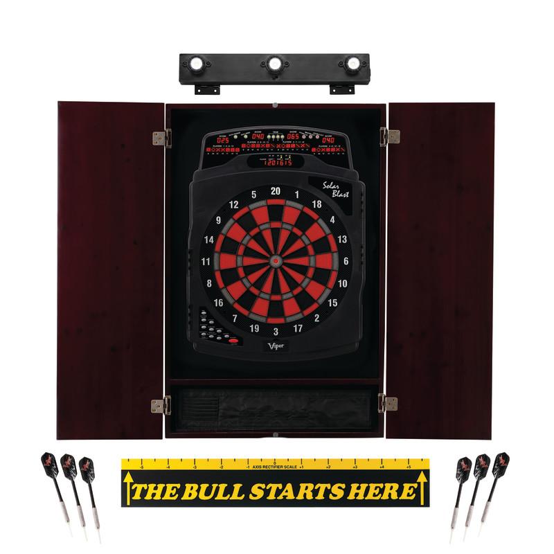 Viper Solar Blast Electronic Dartboard, Metropolitan Mahogany Cabinet, "The Bull Starts Here" Throw Line Marker & Shadow Buster Dartboard Lights Darts Viper 