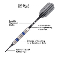 Diagram of a dart with striped flights, black shaft, textured grip with blue bands, and labeled parts