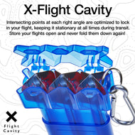 Blue translucent dart case with metal carabiner and interior compartment diagram