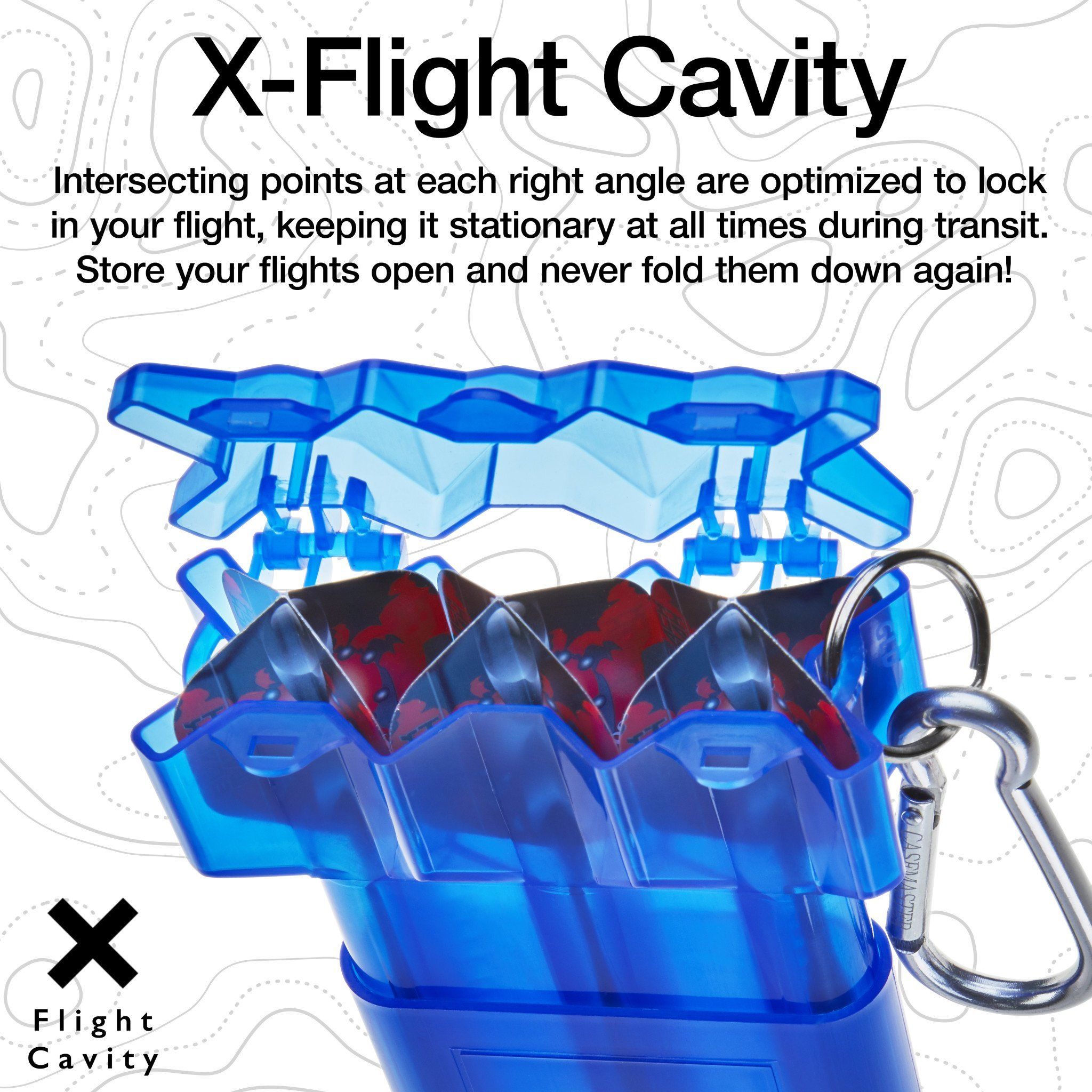 Blue translucent dart case with metal carabiner and interior compartment diagram