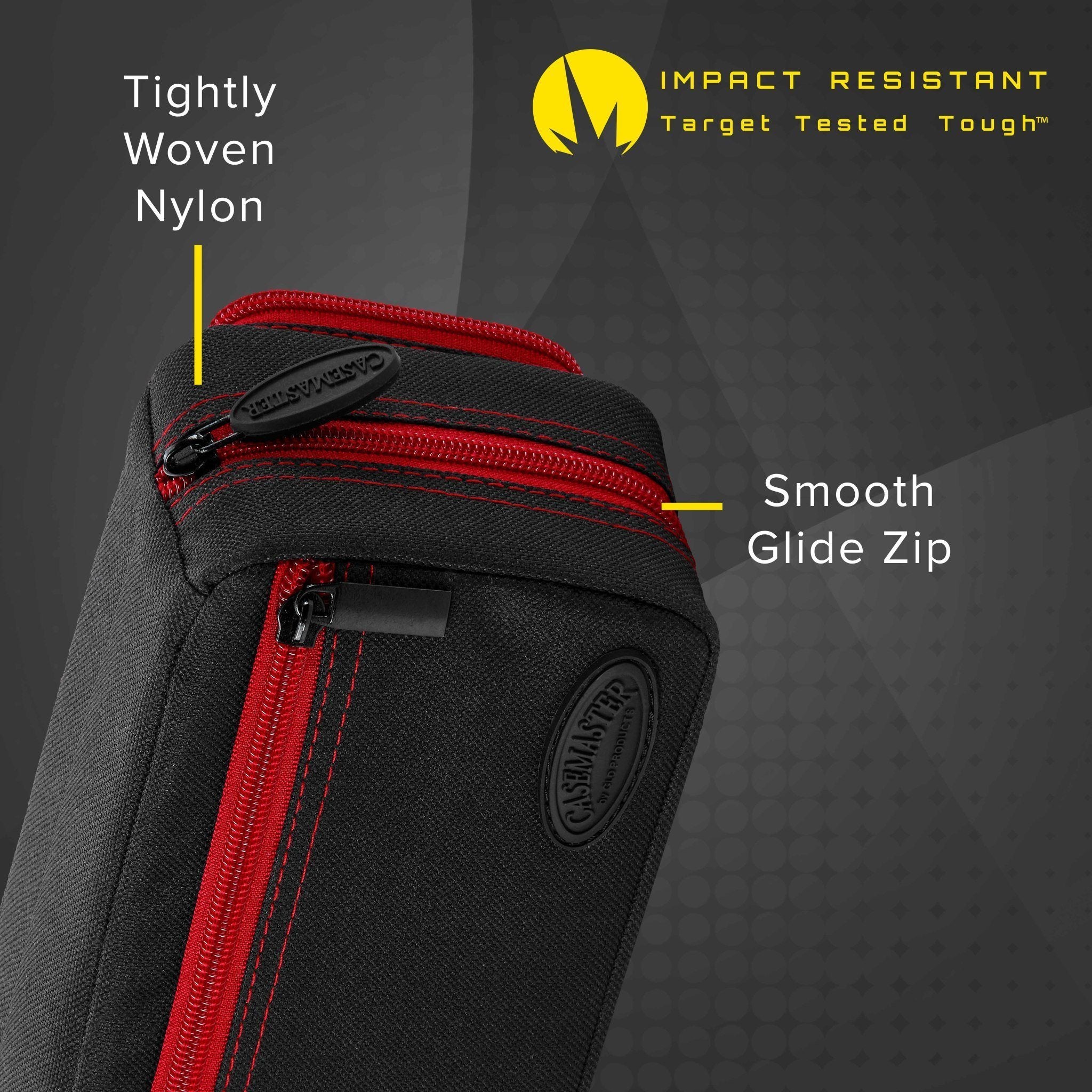 Black nylon dart case with red zippers and labeled features showing construction details