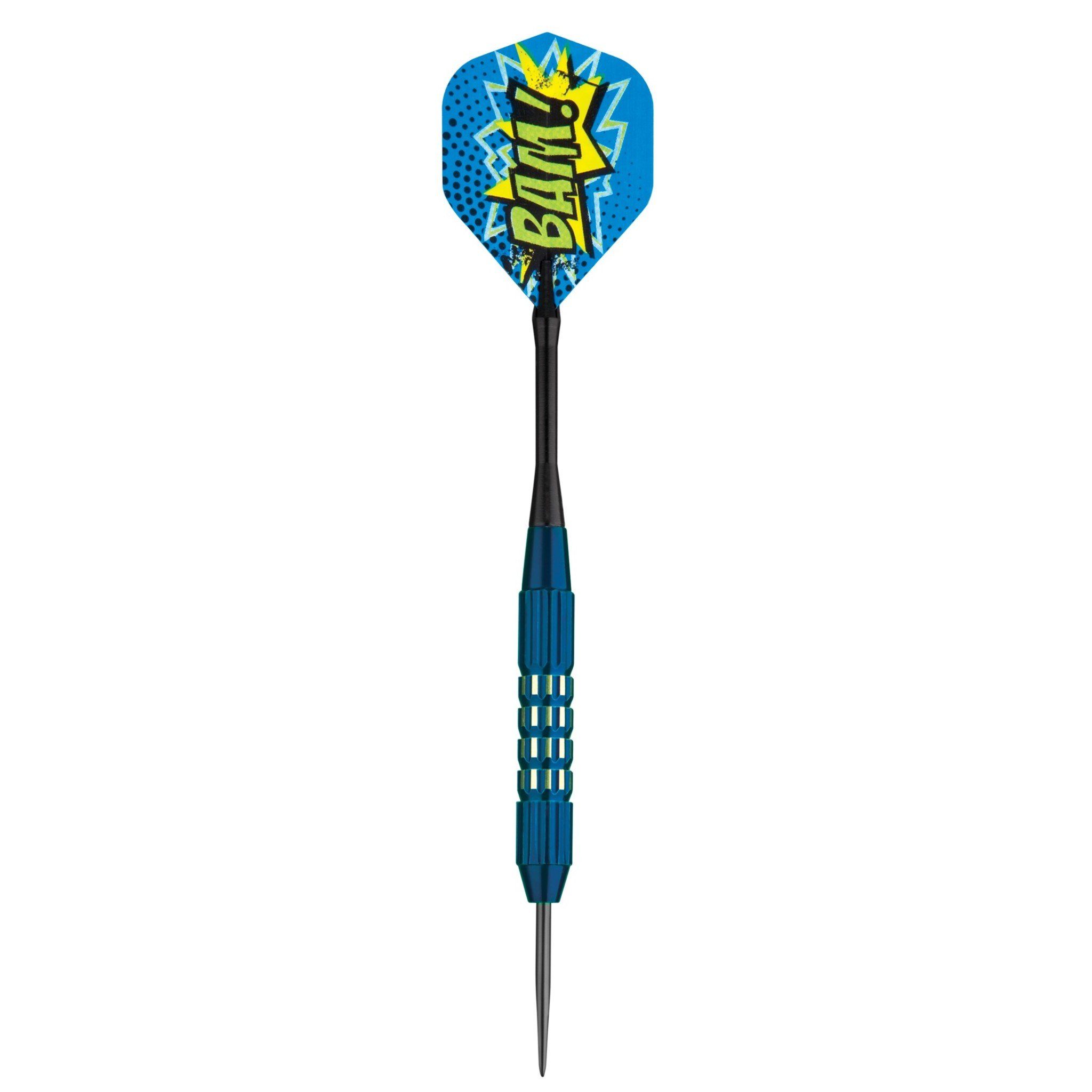 Dart with blue and yellow comic-style flight, black shaft, and blue textured grip with metal tip