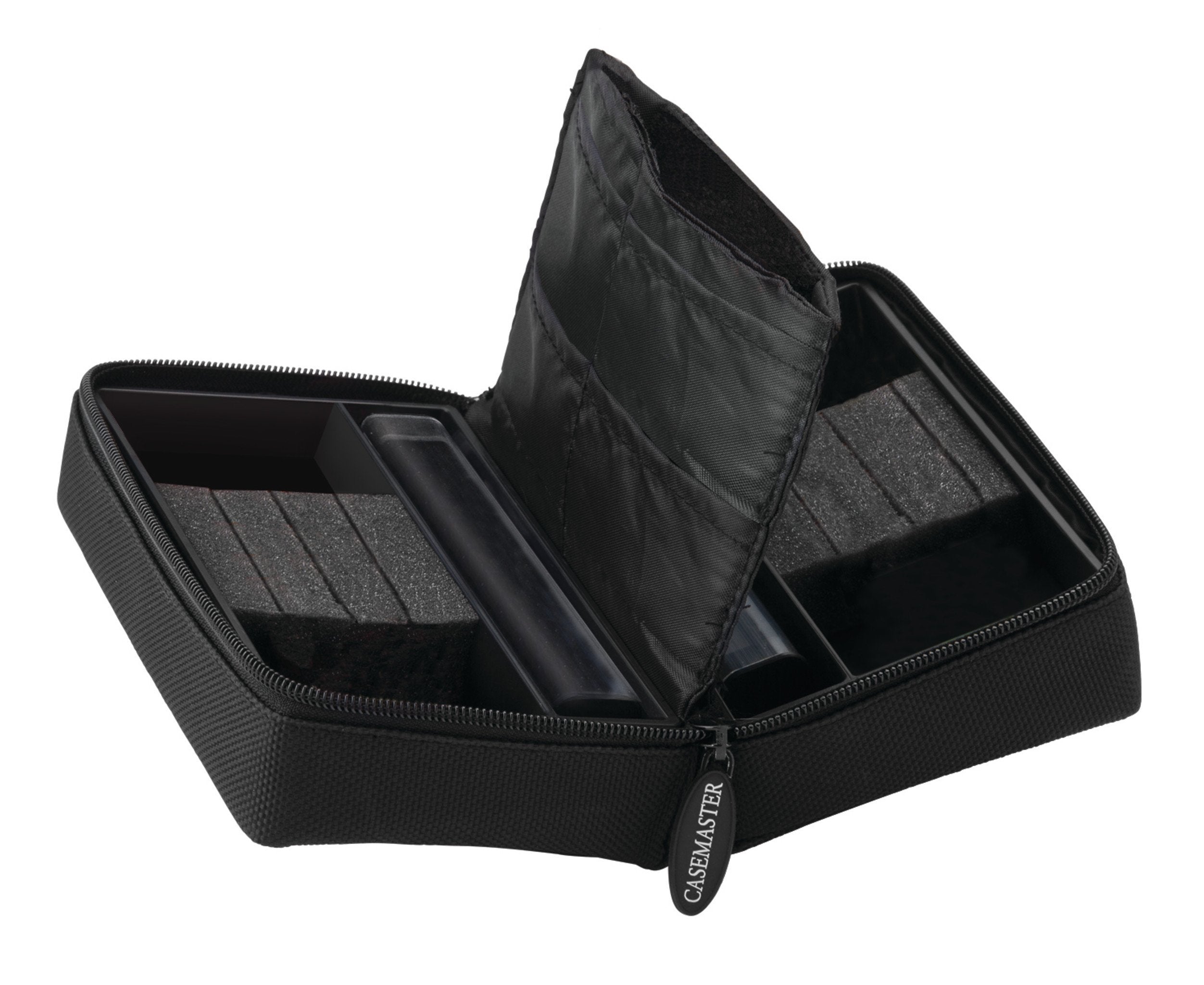 Black nylon dart case with quilted interior and foam dividers, shown open