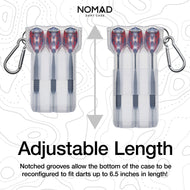 Clear plastic dart case with three red and blue darts and carabiner clip, showing adjustable length feature