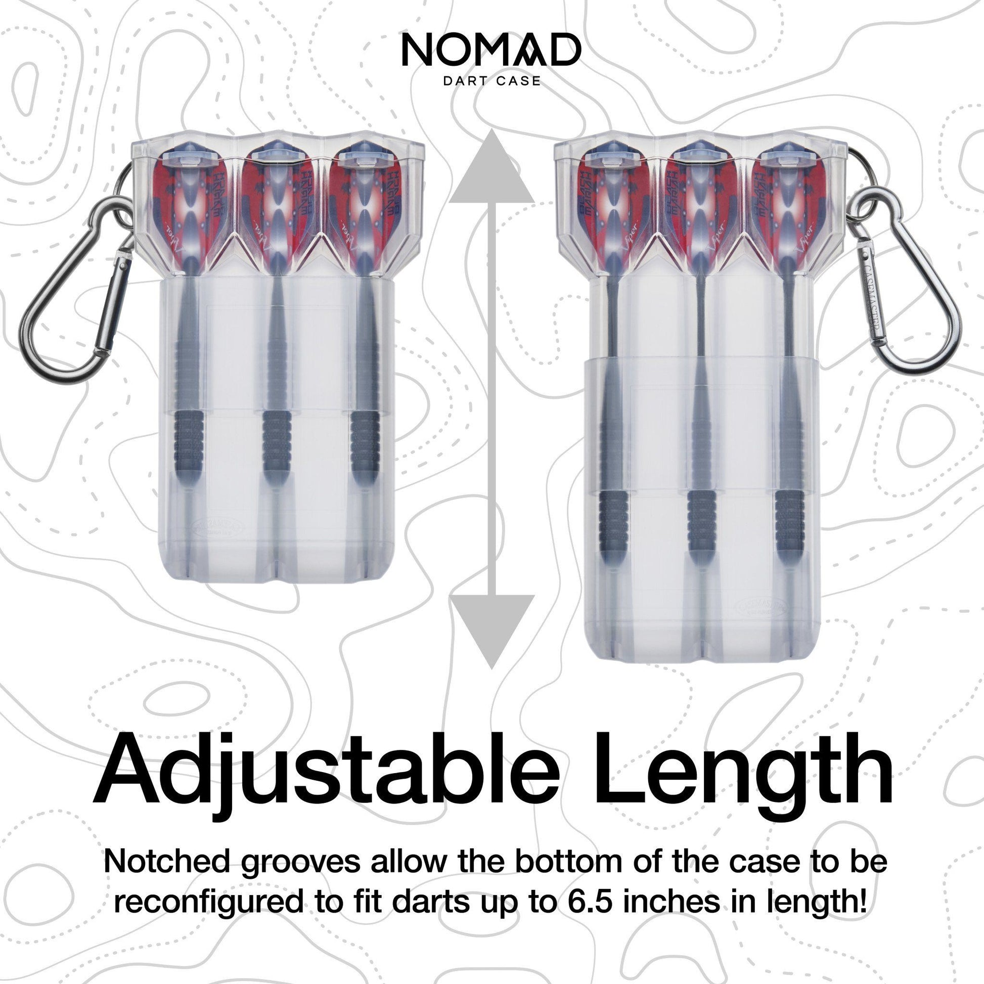Clear plastic dart case with three red and blue darts and carabiner clip, showing adjustable length feature