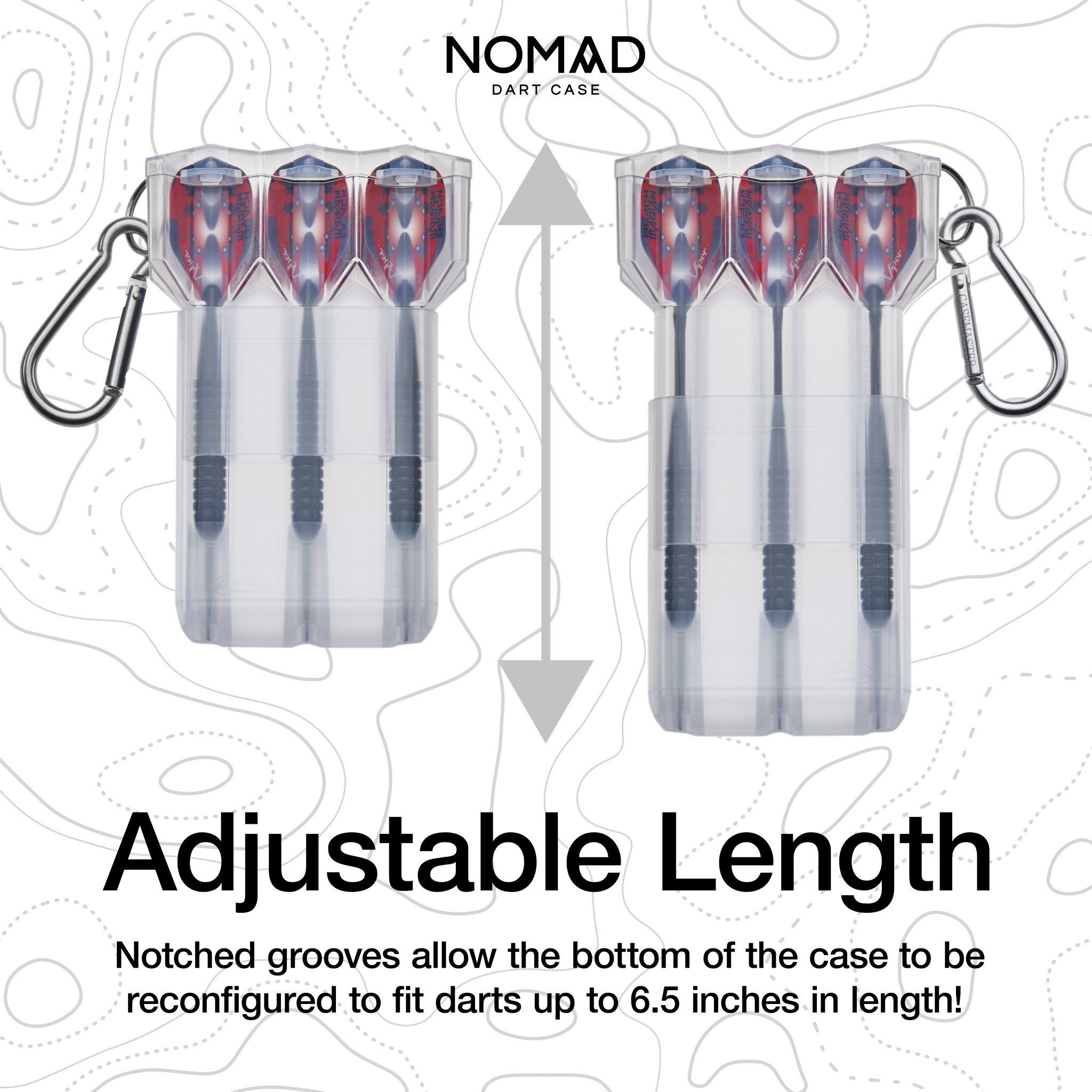 Clear plastic dart case with three red and blue darts and carabiner clip, showing adjustable length feature