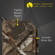 Brown camouflage dart case with yellow callouts labeling nylon fabric and zip closure