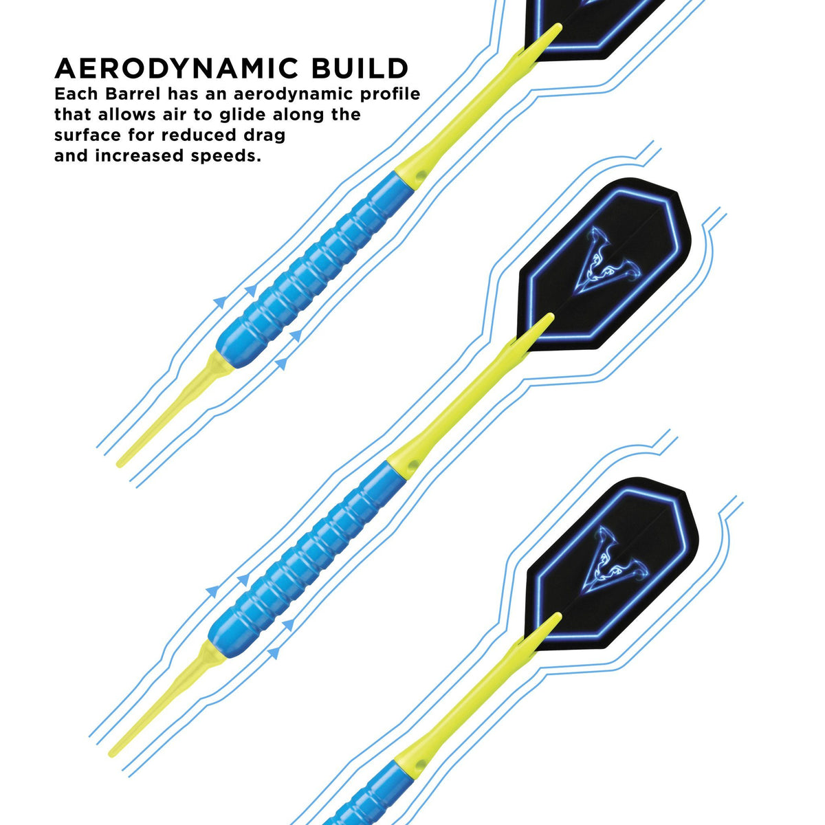 Three darts with yellow shafts, blue gripped barrels, and black flights with blue outlines