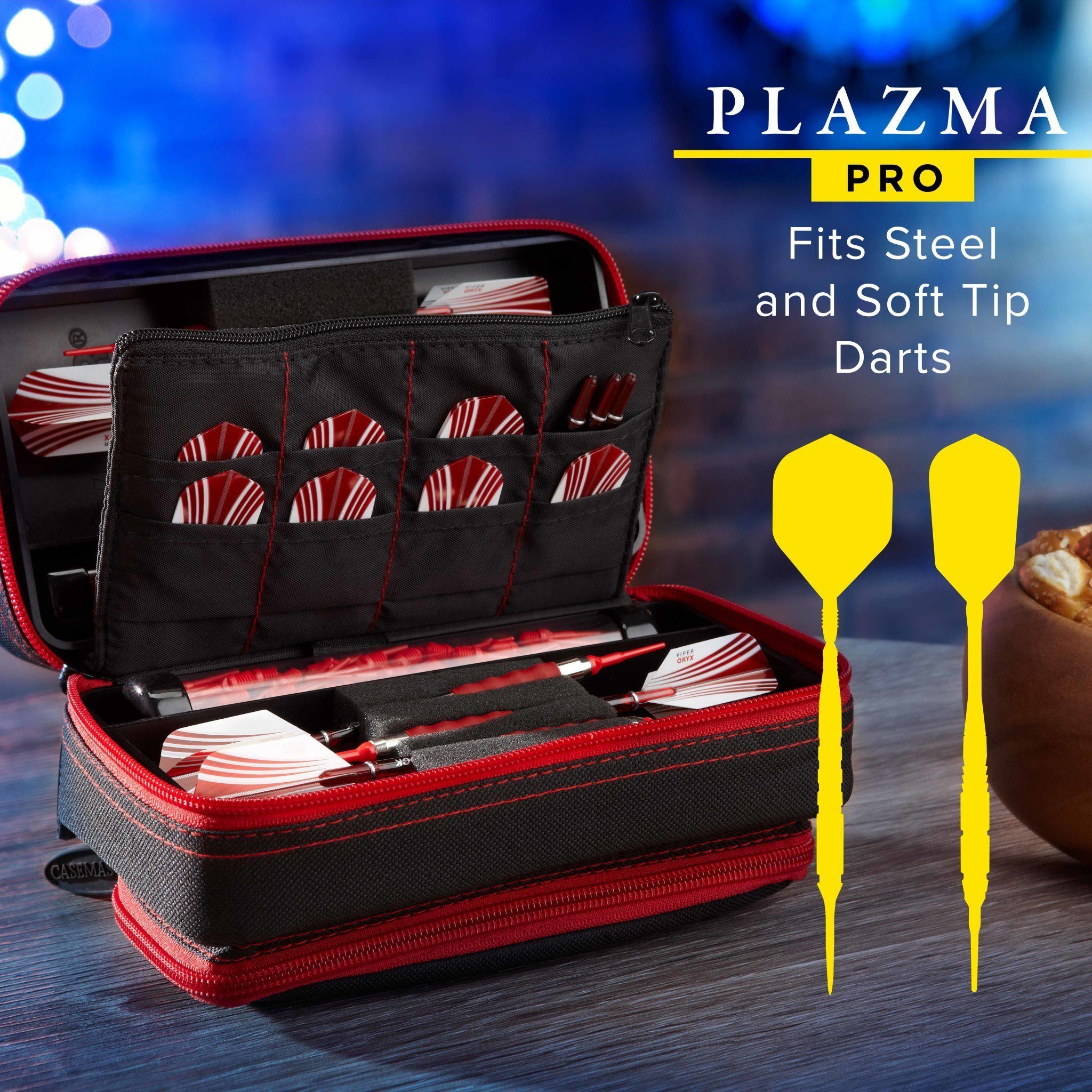 Black and red dart case with compartments holding red and white striped darts and two yellow darts