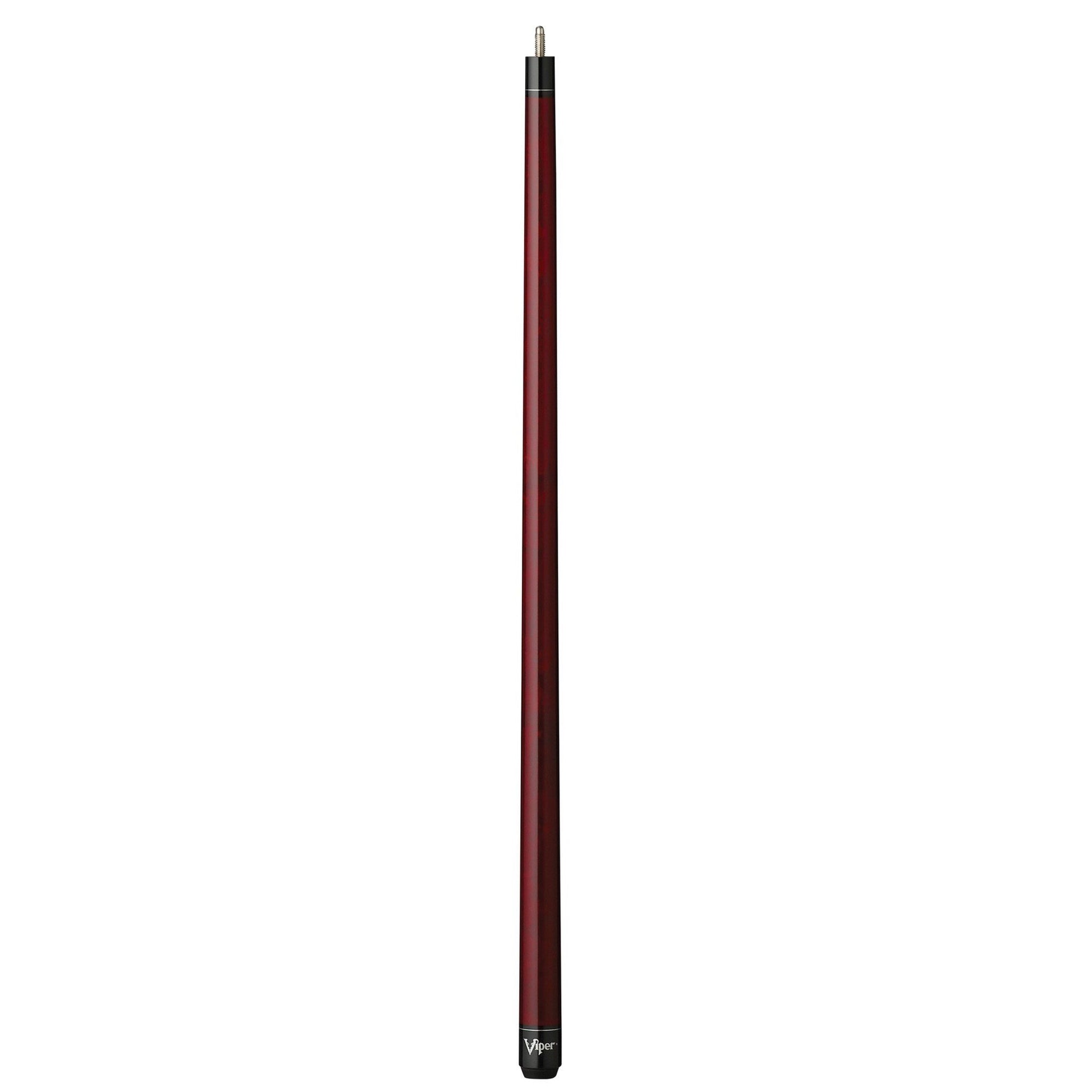 Billiards cue with dark red shaft, black grip section at bottom, and silver ferrule at top