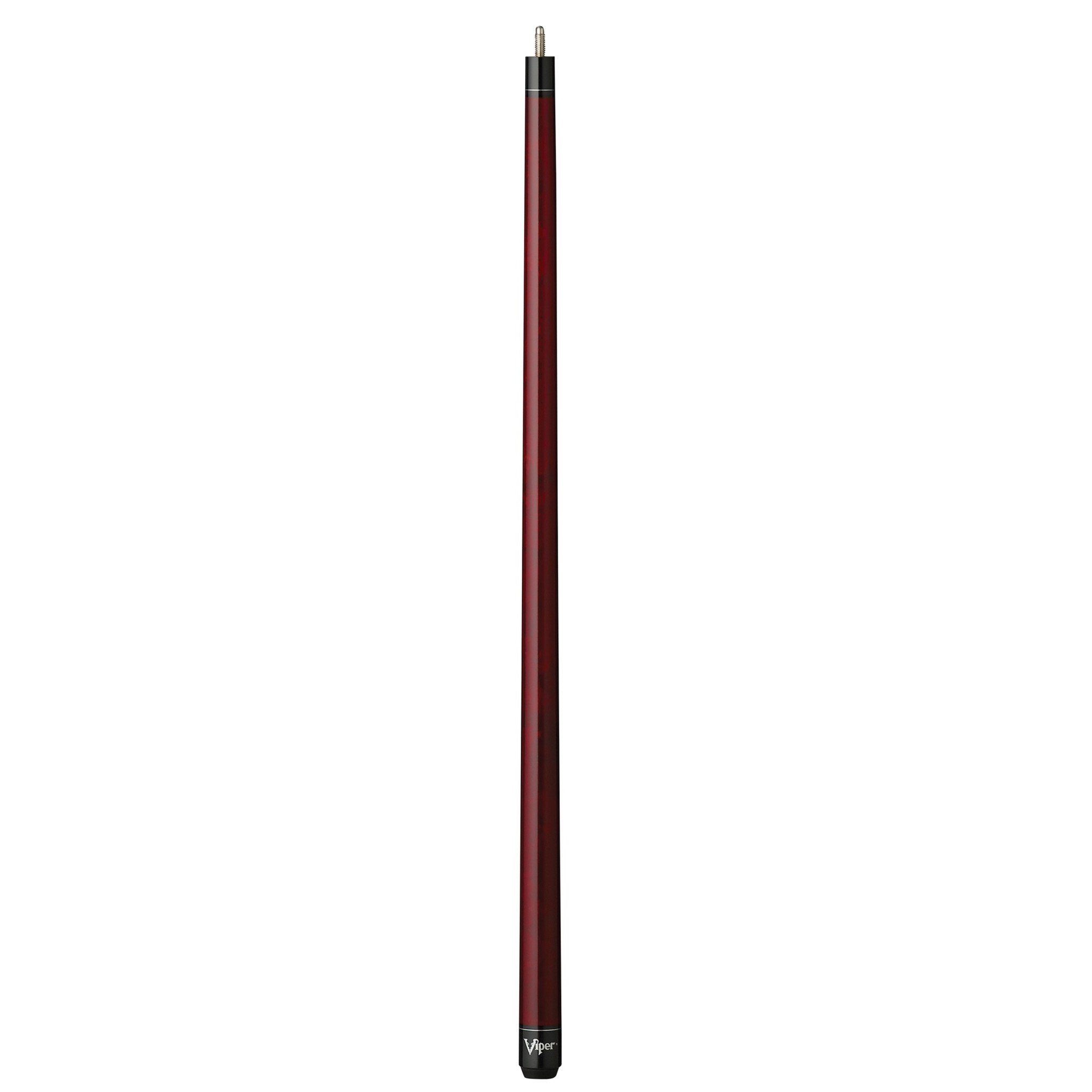 Billiards cue with dark red shaft, black grip section at bottom, and silver ferrule at top