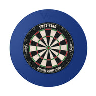 Dartboard with black, white, and colored segments surrounded by royal blue circular backing