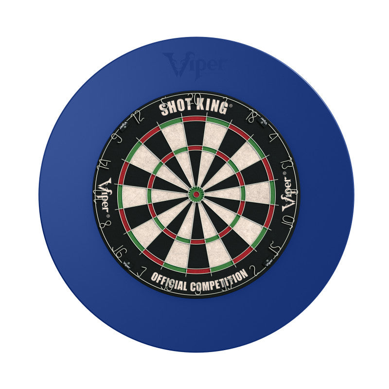 Dartboard with black, white, and colored segments surrounded by royal blue circular backing