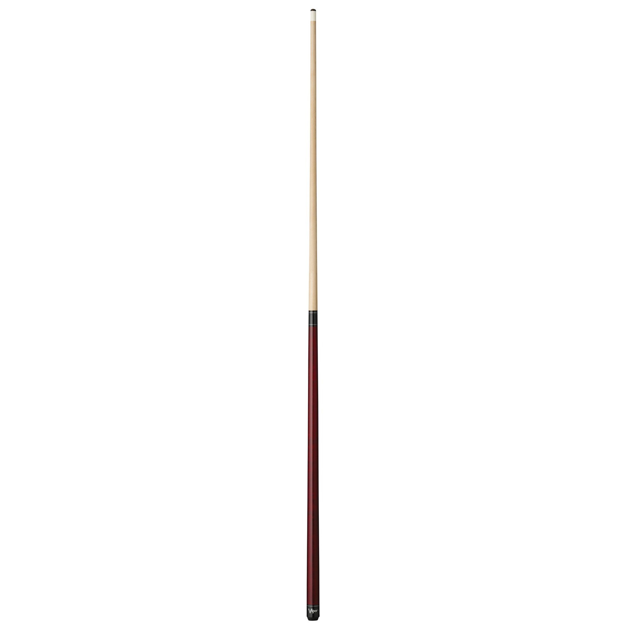 Light wood cue stick with dark red wrapped lower section and black ferrule at the bottom