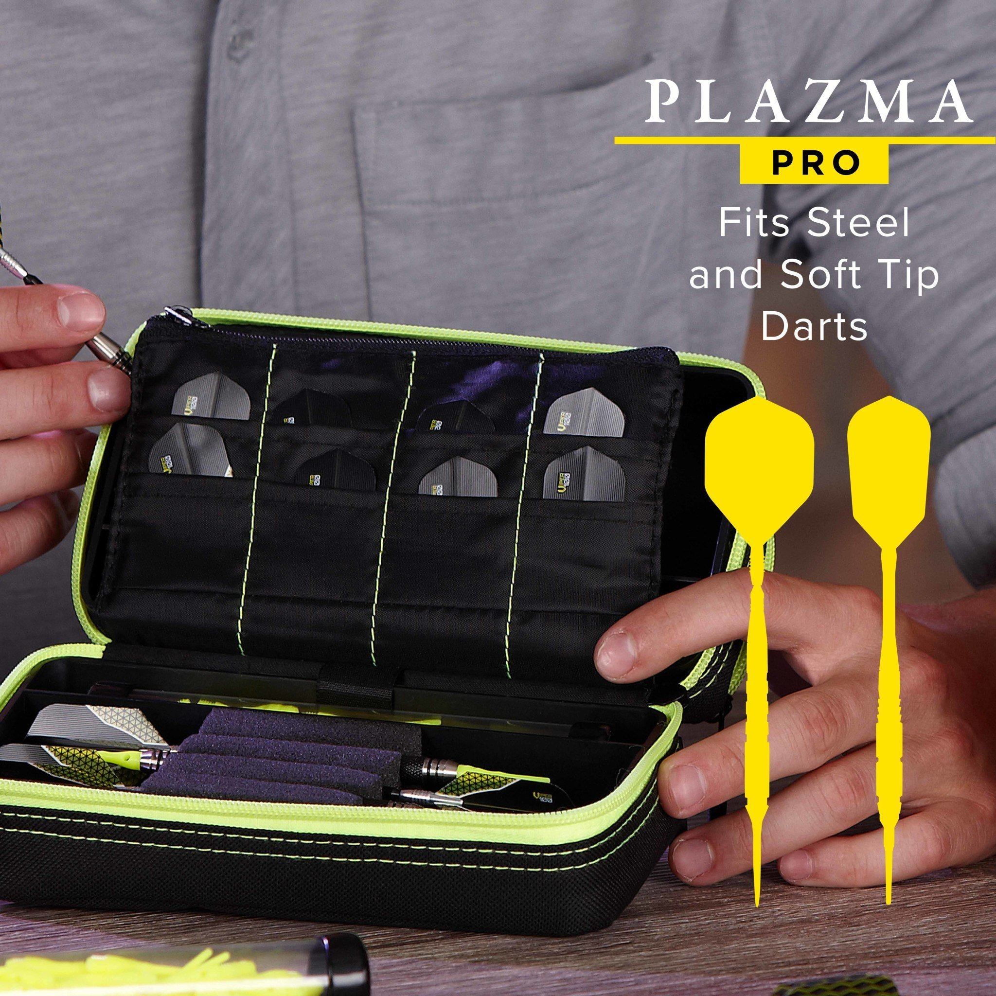 Person holding black dart case with neon yellow trim and two yellow soft-tip darts displayed