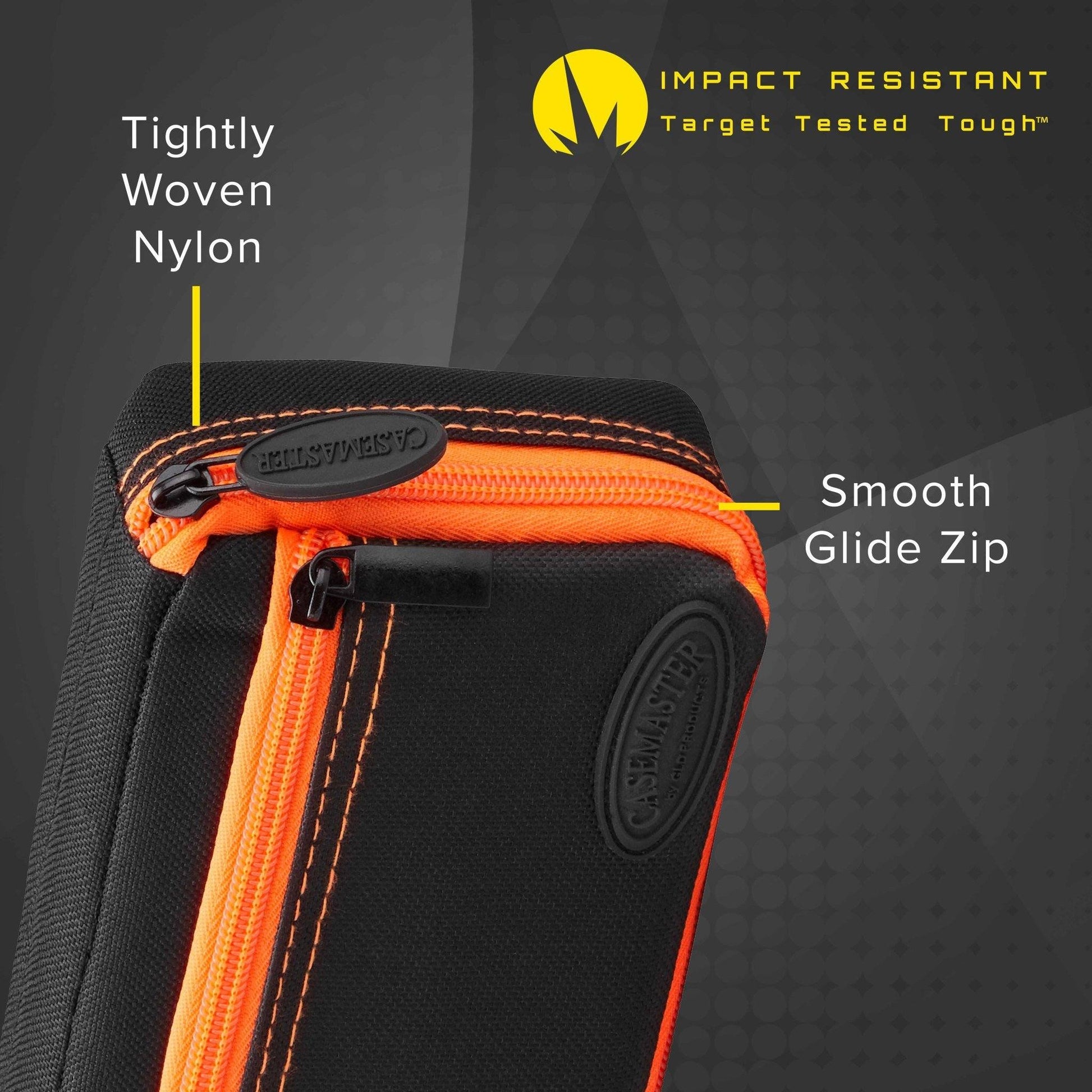 Dart case with black nylon exterior, orange trim, and orange zippered pocket