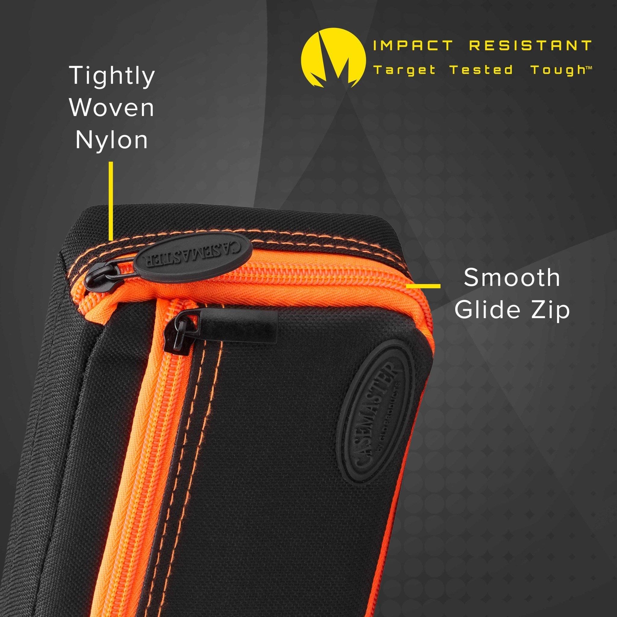 Dart case with black nylon exterior, orange trim, and orange zippered pocket