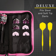 Pink dart case with black interior holding darts with purple and pink flights, next to two yellow darts