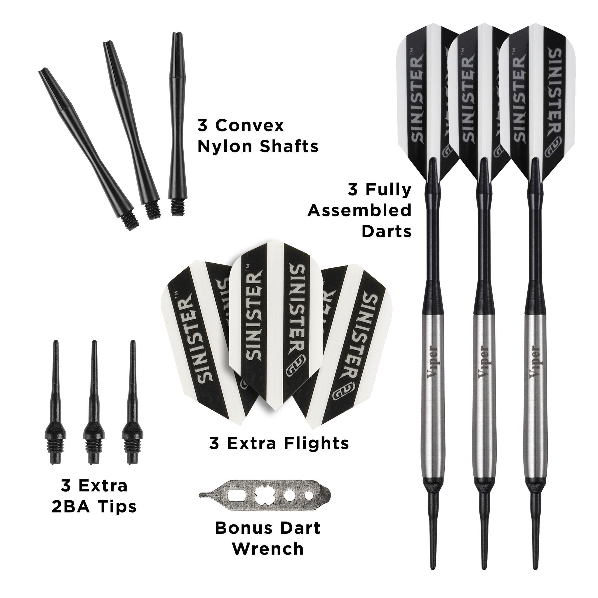 Infographic of dart components including shafts, flights, tips, wrench, and three assembled darts