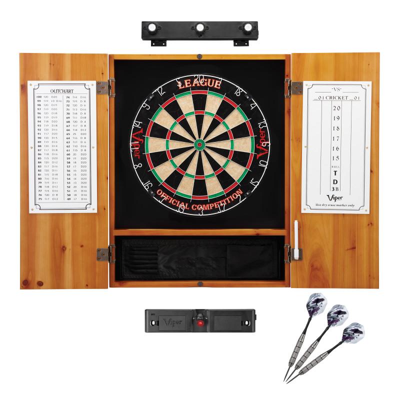 Viper League Sisal Dartboard, Metropolitan Oak Cabinet, Shadow Buster Dartboard Lights & Laser Throw Line Marker Darts Viper 