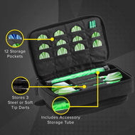 Open black dart case with green and white darts in storage pockets and compartments