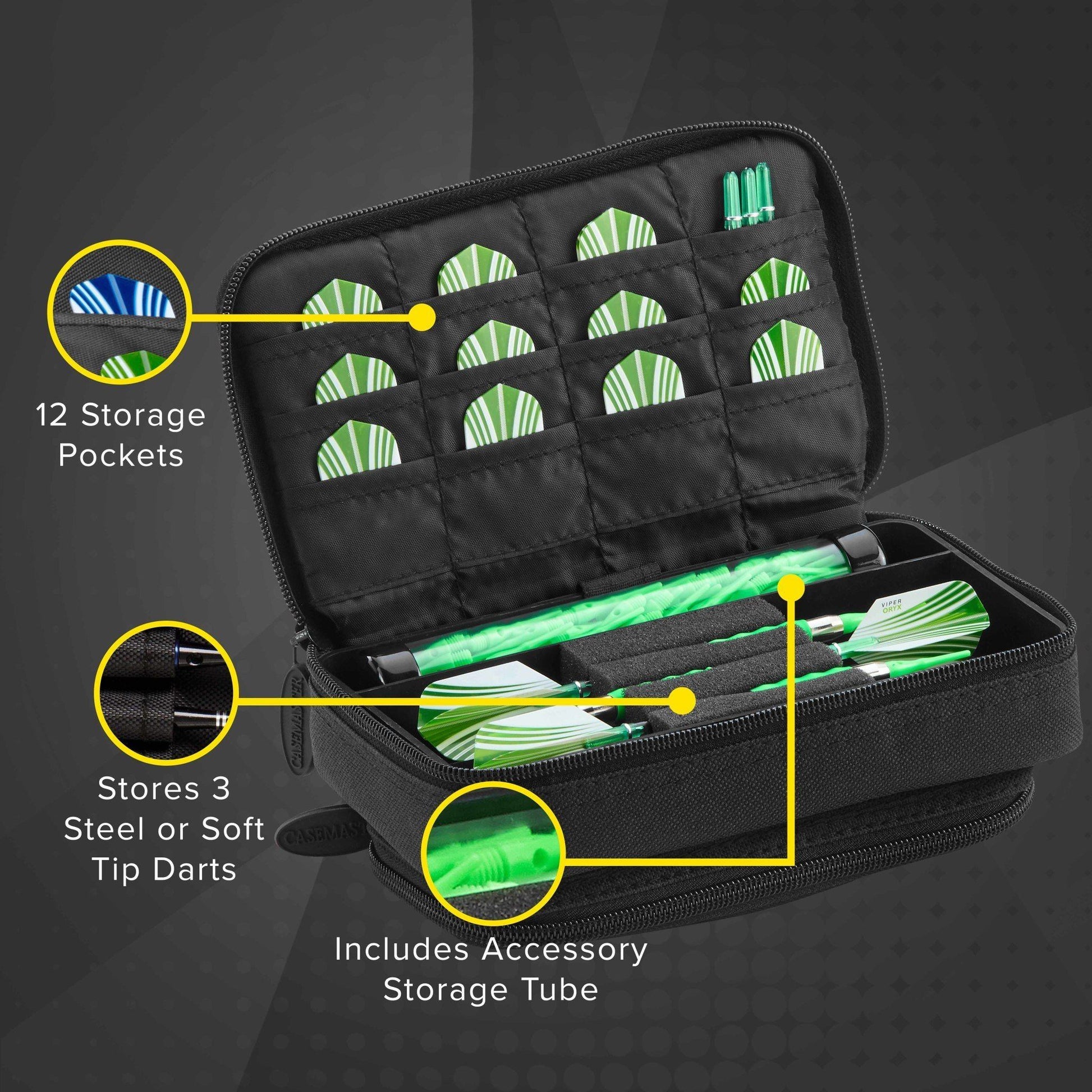 Open black dart case with green and white darts in storage pockets and compartments