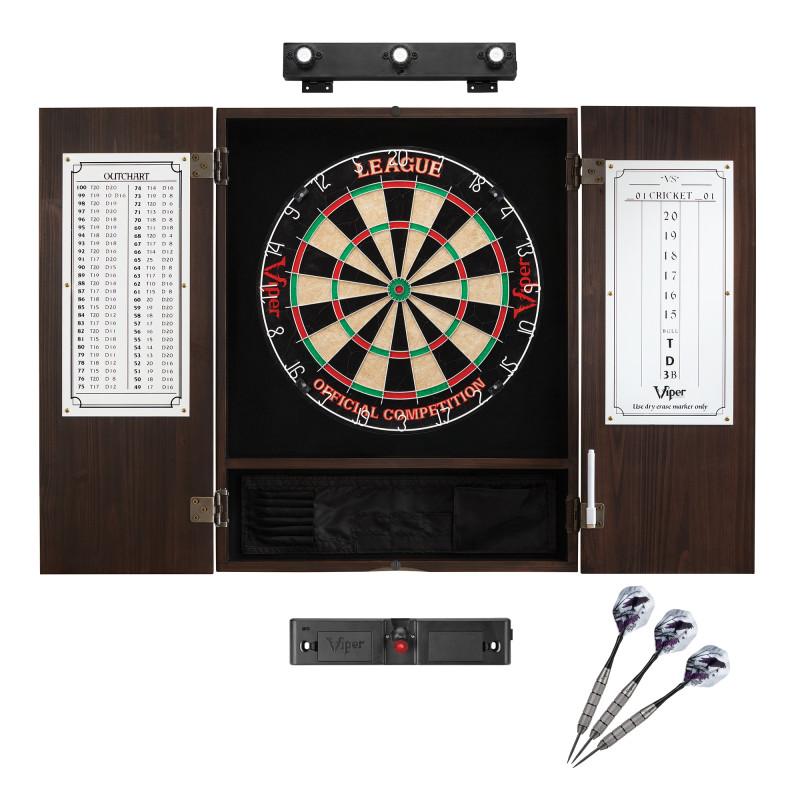 Viper League Sisal Dartboard, Metropolitan Espresso Cabinet, Shadow Buster Dartboard Lights & Laser Throw Line Marker Darts Viper 