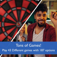 Dartboard with red and black sections next to a person holding a dart