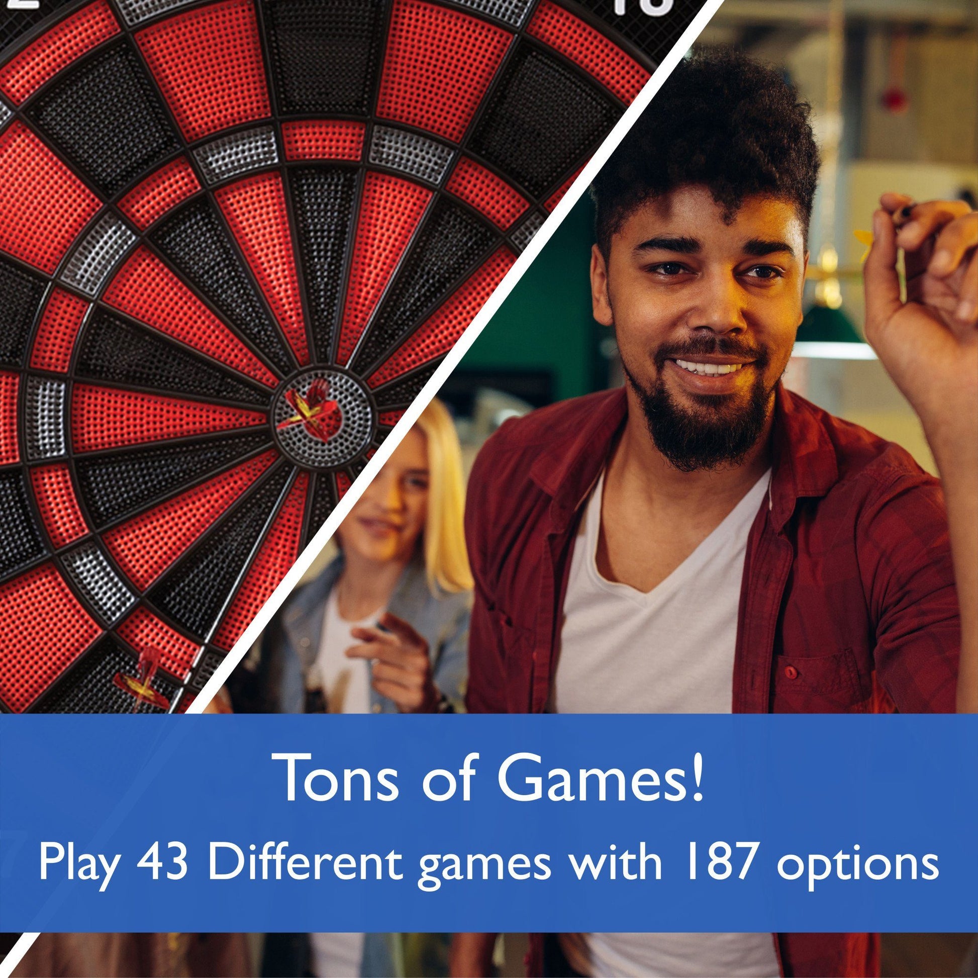 Dartboard with red and black sections next to a person holding a dart