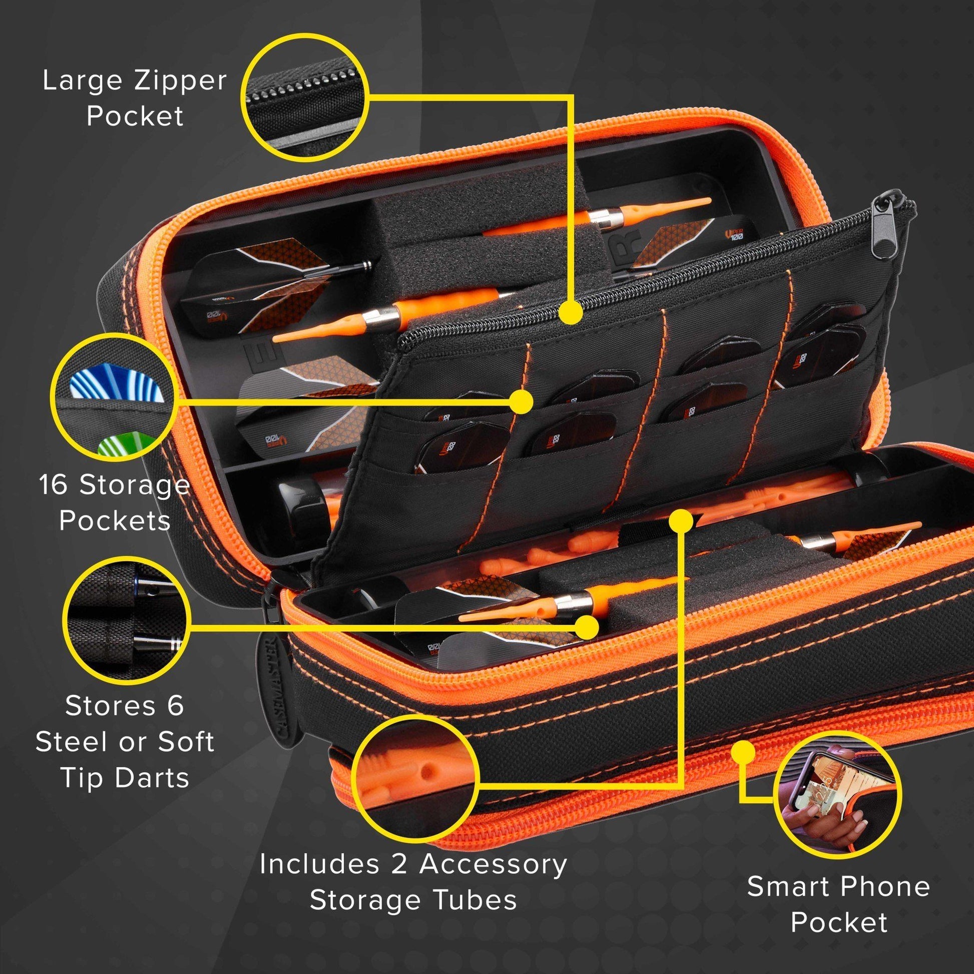 [REFURBISHED] Casemaster Plazma Pro Dart Case Black with Orange Trim and Phone Pocket Refurbished Refurbished GLD Products 